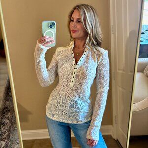 Free People Lace Henley Top "Cozy Cadet"